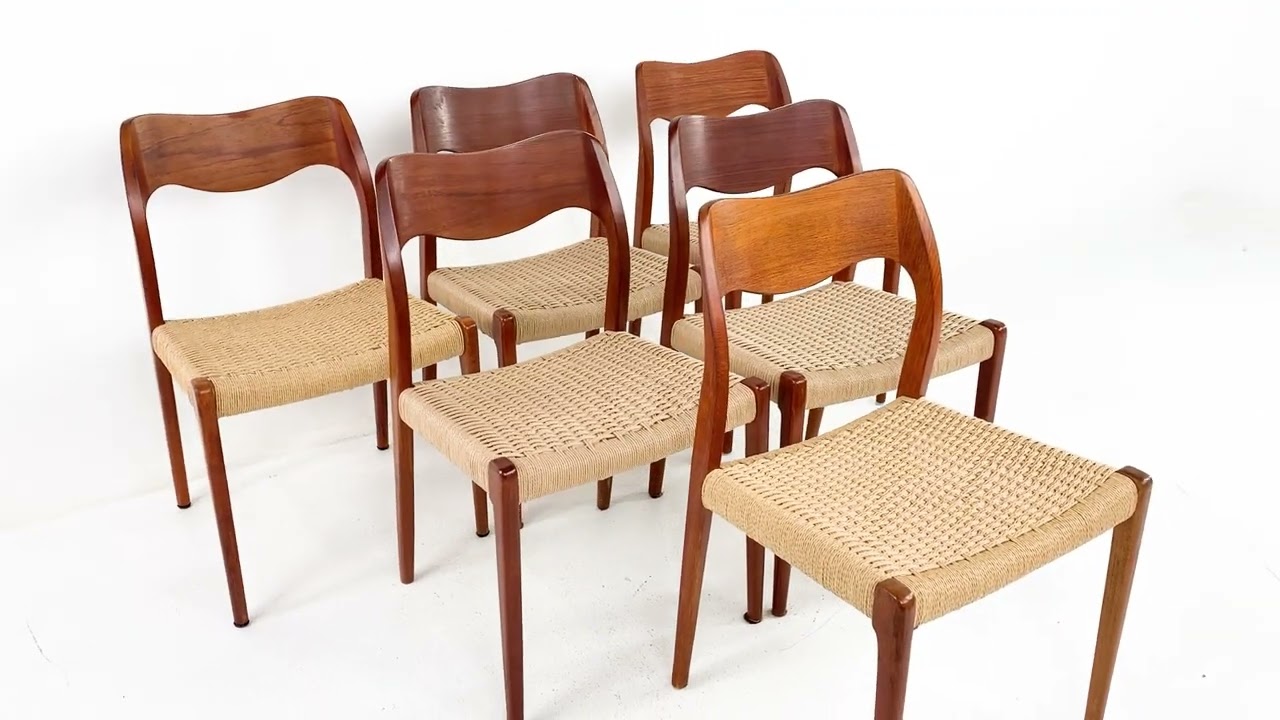 Niels Moller Model 71 Mid Century Danish Rope Seat Teak Dining Chairs - Set of 6