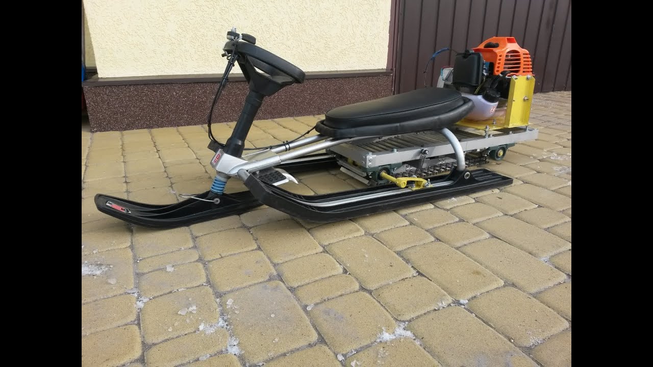 Homemade snowmobile for kids of grass-cutter and sled / DIY mini-snowmobile