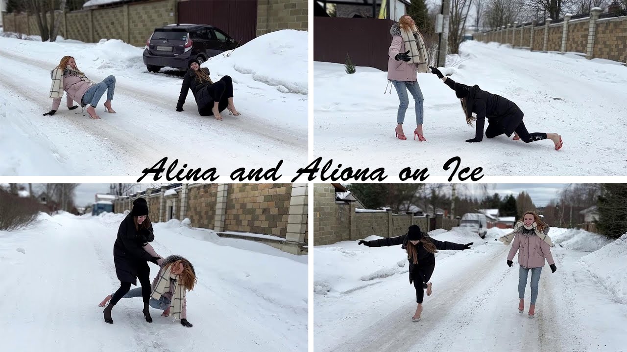 Alina and Aliona Heeled on Ice, High Heels on Ice, Slippery High Heels on Ice, Shoes on Ice (# 1223)