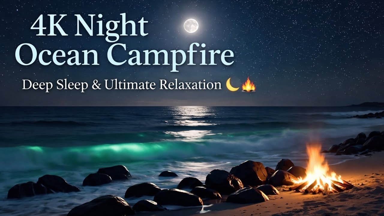 4K Night Ocean Campfire 🌙 Gentle Waves for Deep Sleep & Total Relaxation