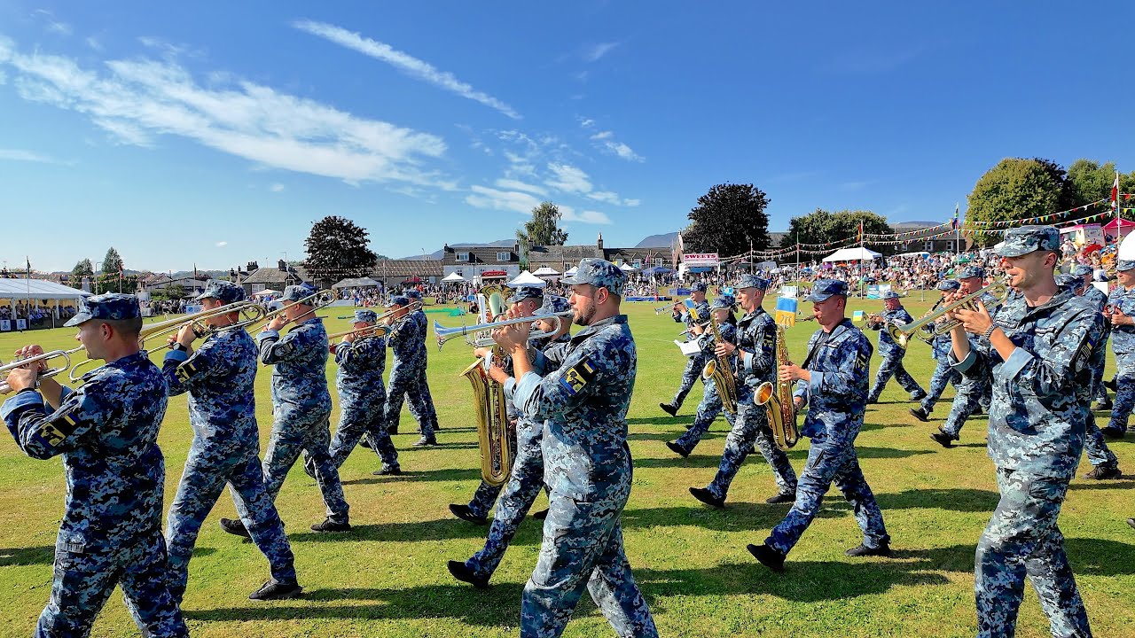 Ukraine Naval Forces Orchestra march out after display at 2025 Crieff Highland Gathering in Scotland