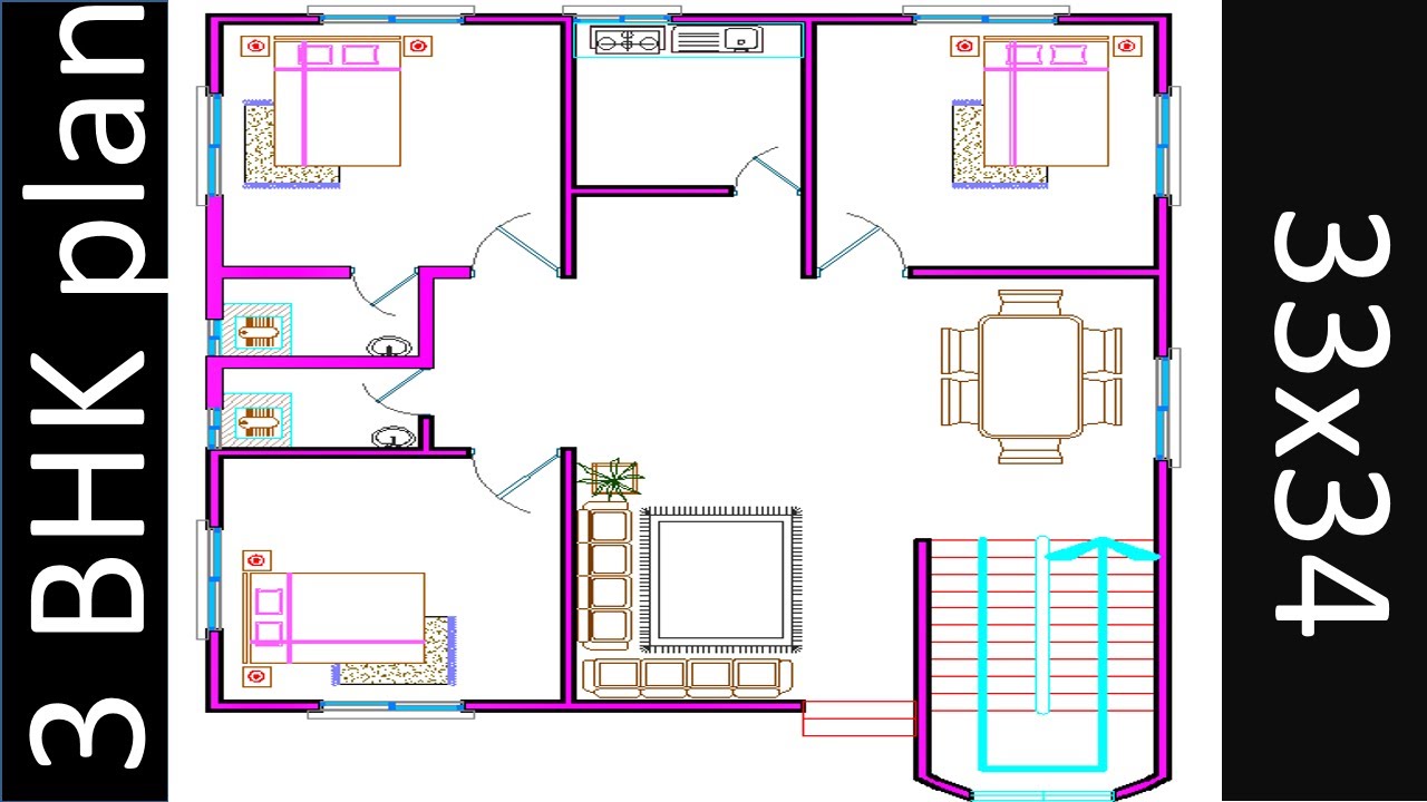 33 x 34 house plan design II 33 x 34 ghar ka naksha II 3 bhk house plan