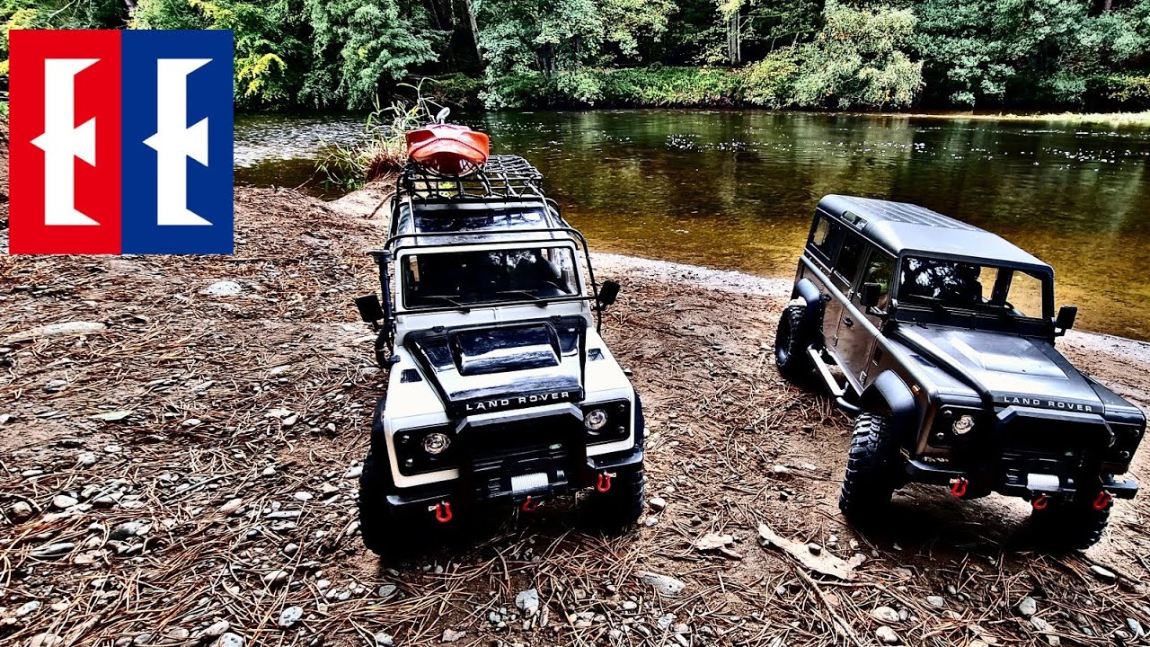 Double-E Hobby s 1/8th scale Land Rover Defender D110 and crew cab version out for a crawl.