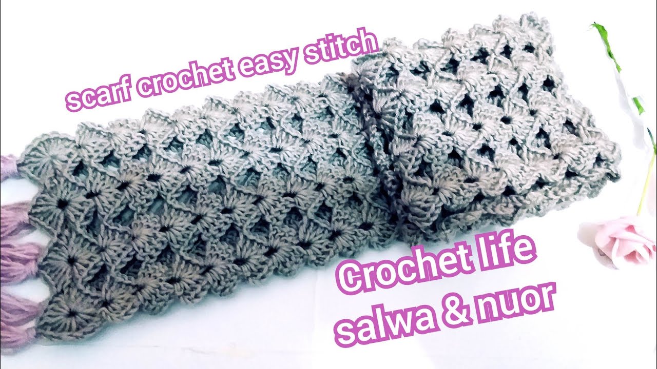 كوفيه كروشيه غرزة الصدفة تكرار سطر واحد سهلة للمبتدئين-How to Crochet Lace Scarf Easy|One Row Repeat