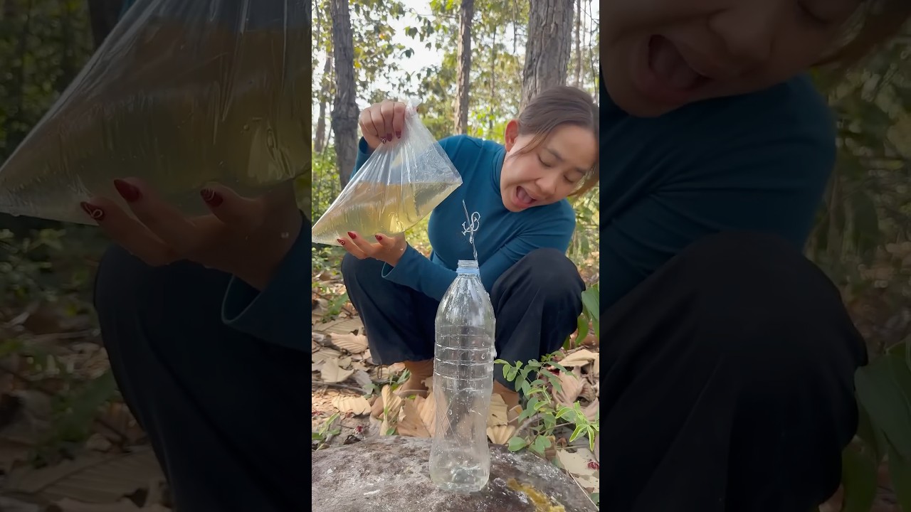 Survival Skills: easy methood saving water transfer to bottle #camping #bushcraft #water #smart