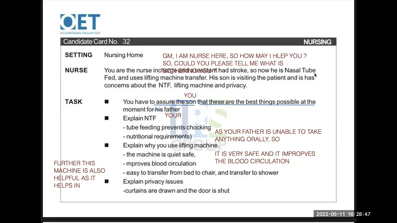 Oet speaking role play | Father had stroke and explains son about nasal feeding tube