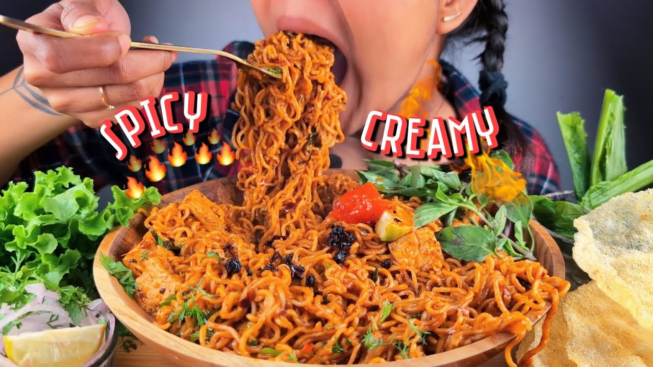 COOKING & EATING SPICY & CREAMY KOREAN STYLE NOODLES AT HOME 🔥EATING EXTREMELY SPICY NOODLES MUKBANG
