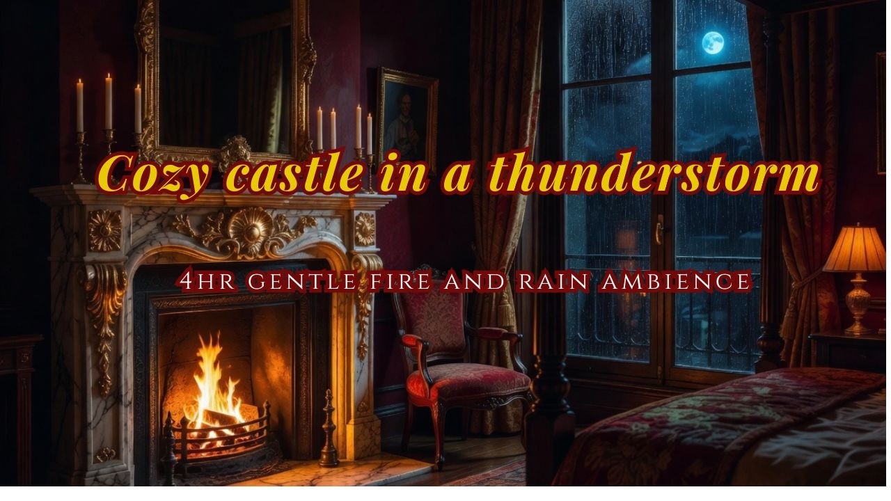 Cozy castle ambience - 4 Hour Crackling fire and gentle thunderstorm for focus and a deeper sleep