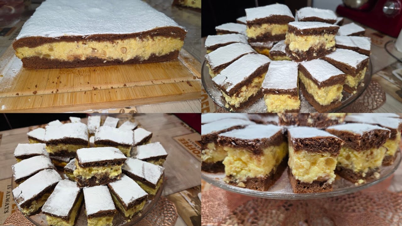 Prăjitură de casă cu blat de cacao și umplutură cremoasă de brânză cu stafide
