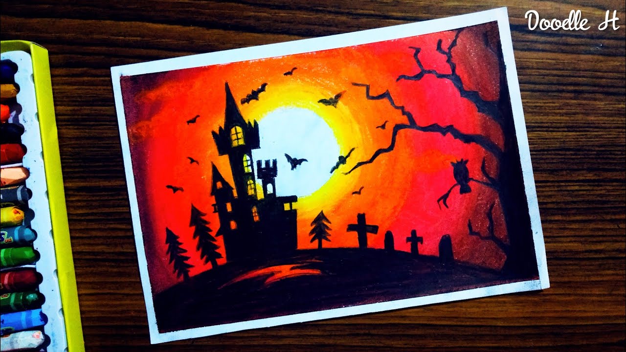 Haunted house | Halloween drawing with oil pastel for beginners-step by step