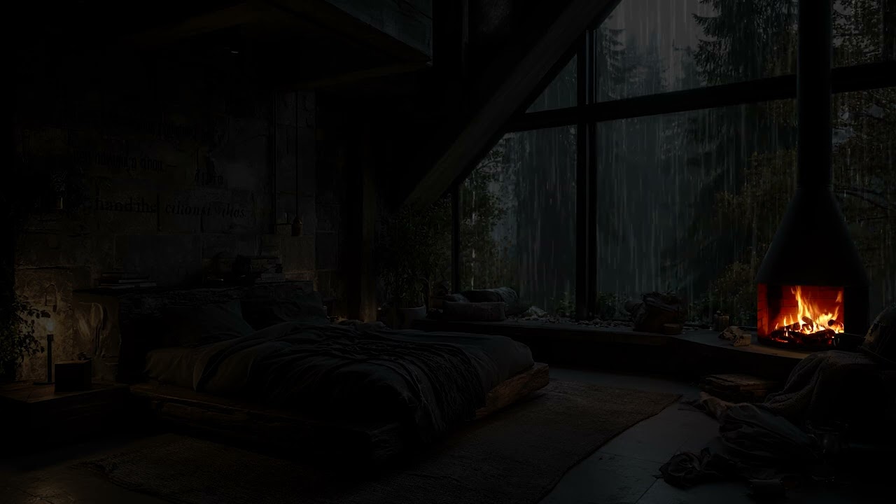 Dark Forest Rain Creating a Quiet Mood | Cozy Fireplace Indoors Ambience Nature Rain Sounds