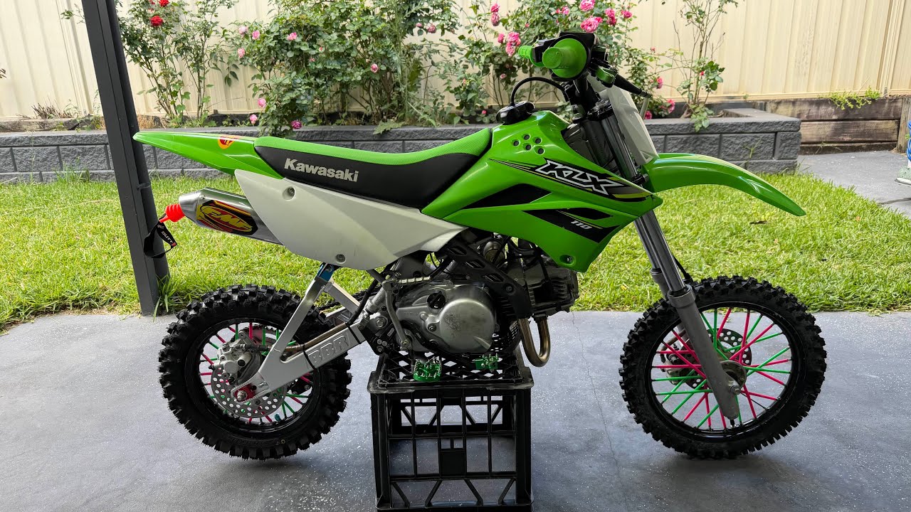 Ultimate Klx110 with KX65 brake and suspension conversion BBR swing arm DNM shock FMF powercore 4