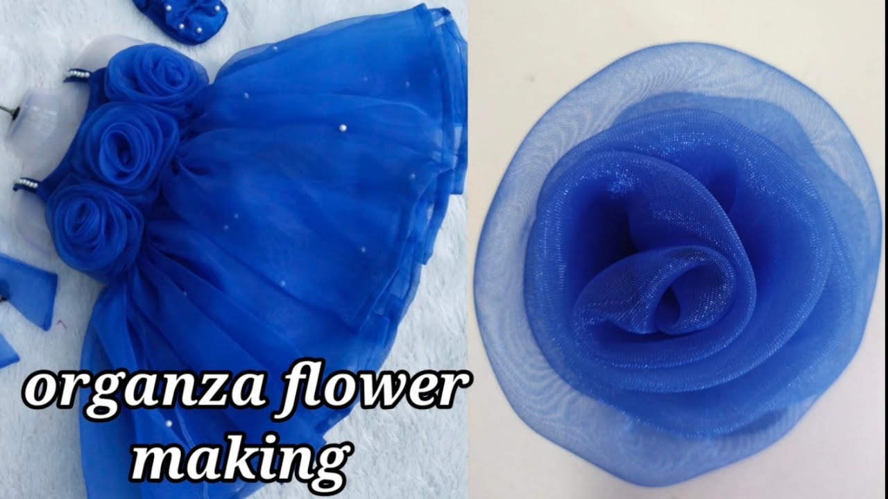 Organza  Rose flower making/ വെറും 3 മിനിറ്റ് മതി frock design ചെയ്യാം