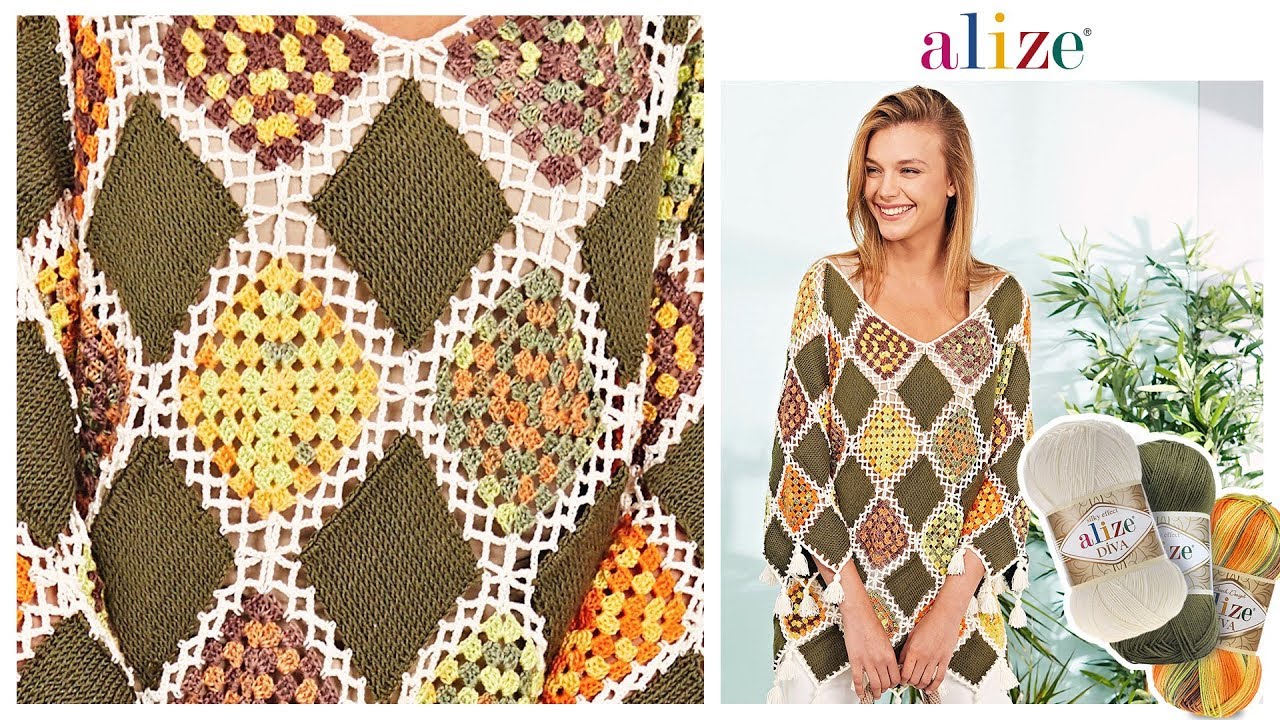 Motifli Bluz -  Crochet Motif Blouse with Alize Diva