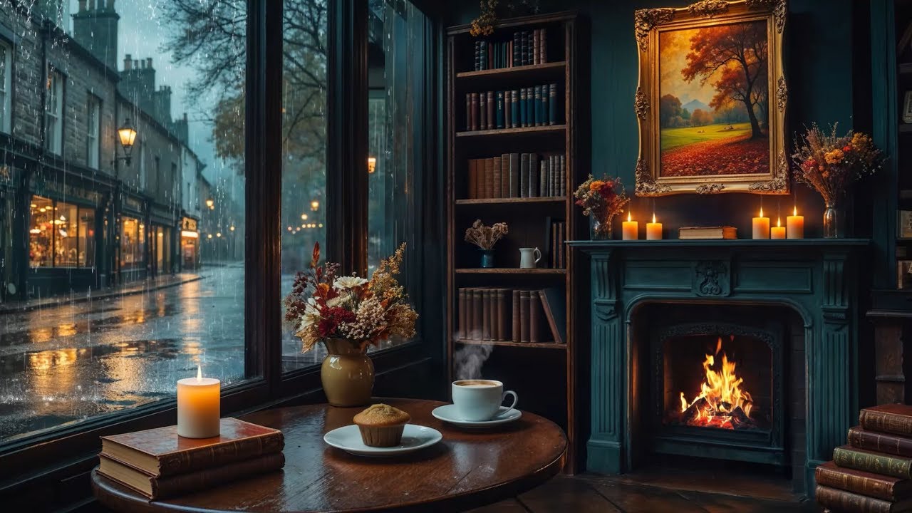 Rainy City Coffee Shop Ambience ☕ 4+ Hours of Cozy Fall Sounds for Relaxing  | Ambient Fire & Rain