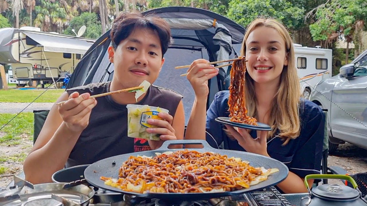 HUGE Serving of Delicious Chapagetti Black Bean Noodle & Kimchi! | Outdoor Camping! | AMWF VLOG