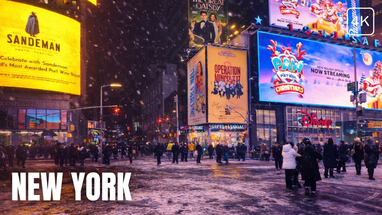 Snowfall in Times Square, NYC | Walking in New York City in the Seasons Last Snow, 4k