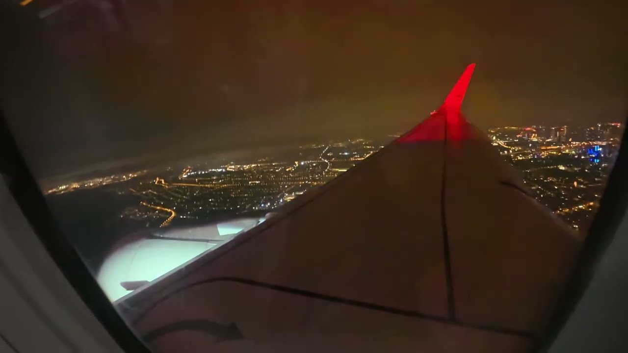 Landing at Frankfurt Airport in foggy morning.