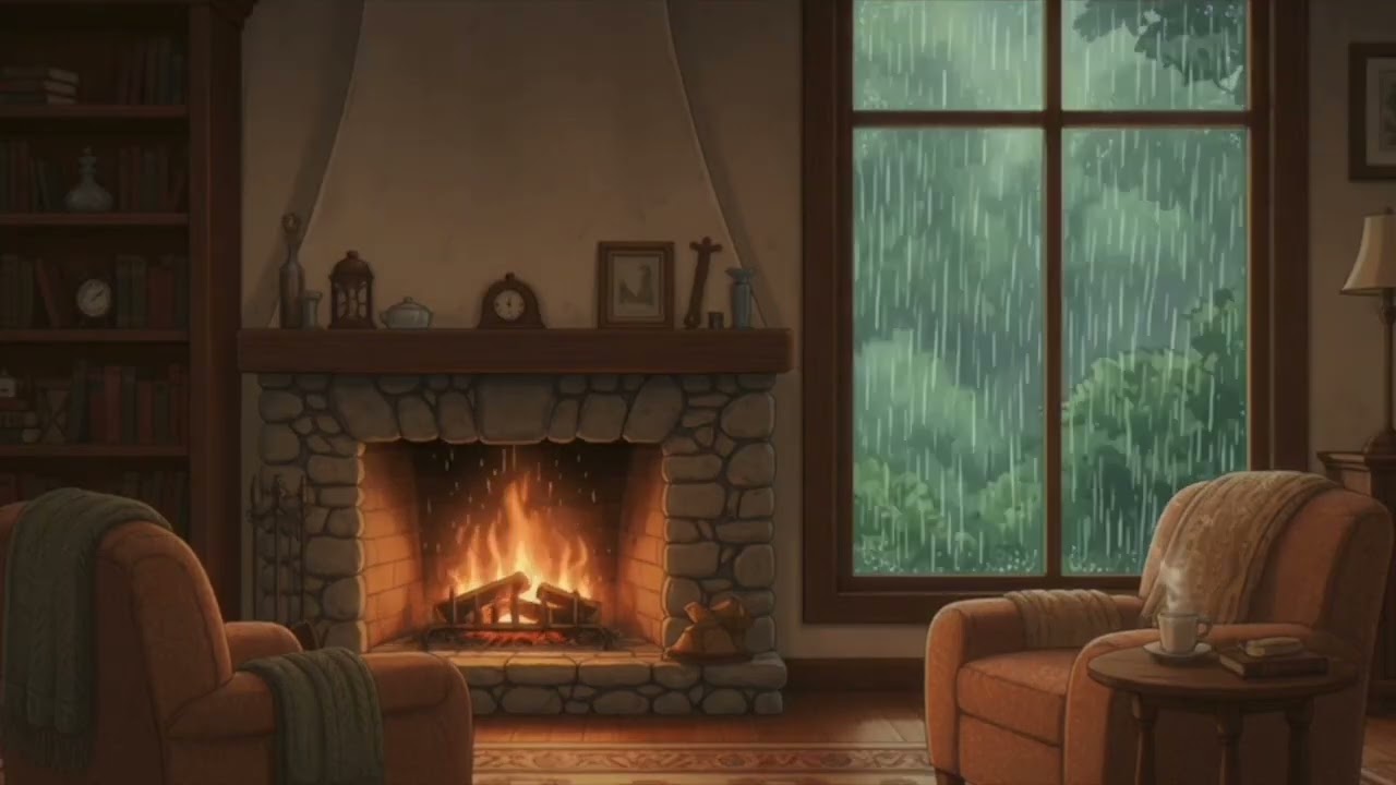 Cozy Rain on Window and Fireplace Sounds | Calm Night Ambience for Sleep, Study, Reading, Relaxation