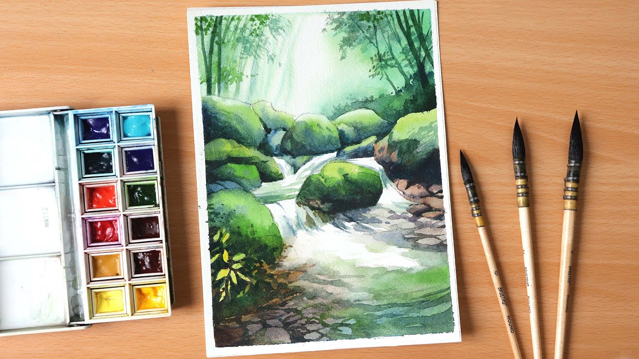 Watercolor painting of Beautiful Waterfall Stream Landscape