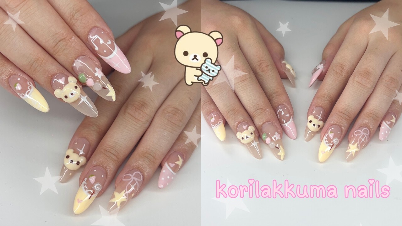 korilakkuma nails tutorial 𐔌՞. .՞𐦯 , gel extensions, 3d art | do my nails with me  🍓