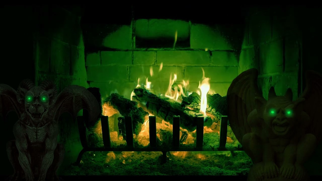 Halloween Crackling Fireplace Ambience | Green Flames & Gargoyle (No Music) 4 hours