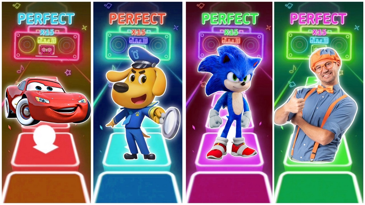 Lightning McQueen vs Sheriff Lablador vs Sonic vs Blippi in Tiles Hop EDM Rush🎶