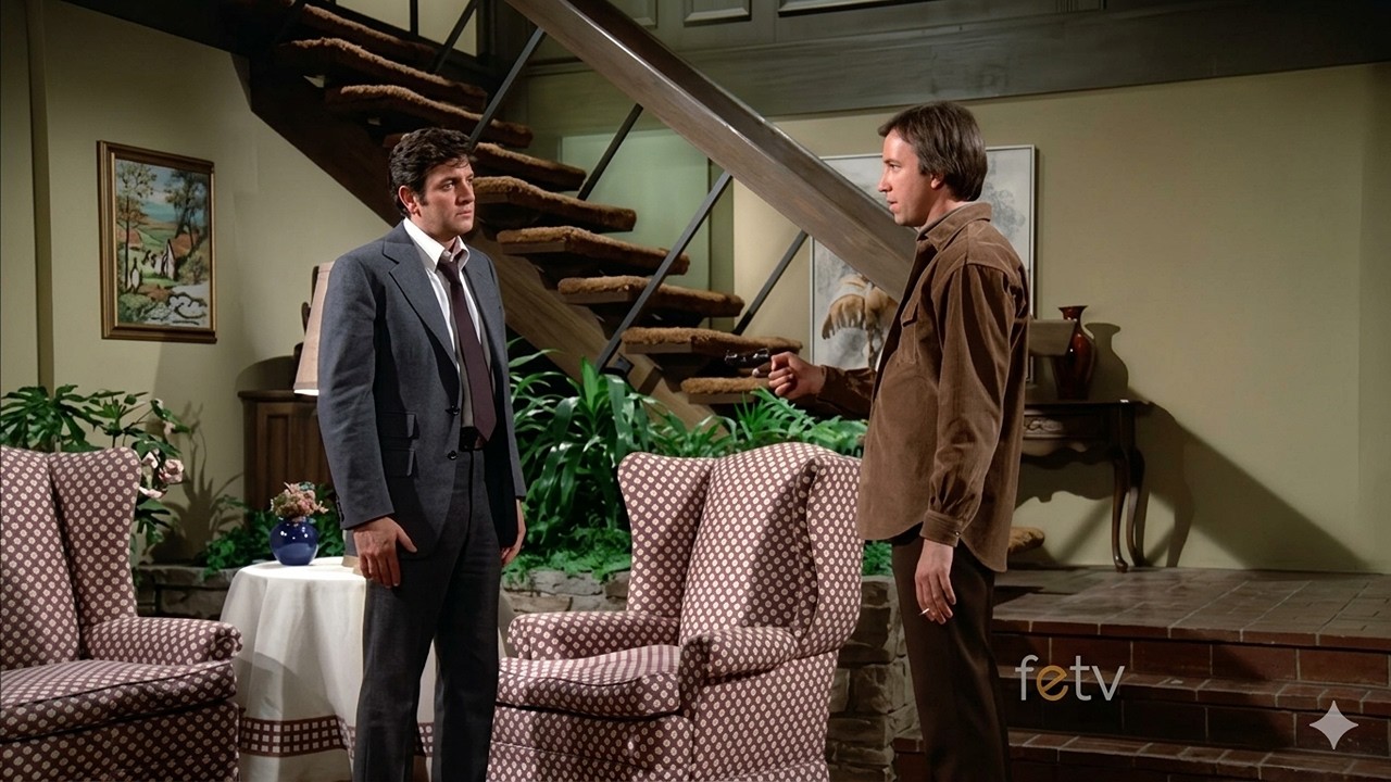 Mannix Is Held at Gunpoint by John Ritter at the Brady Bunch House