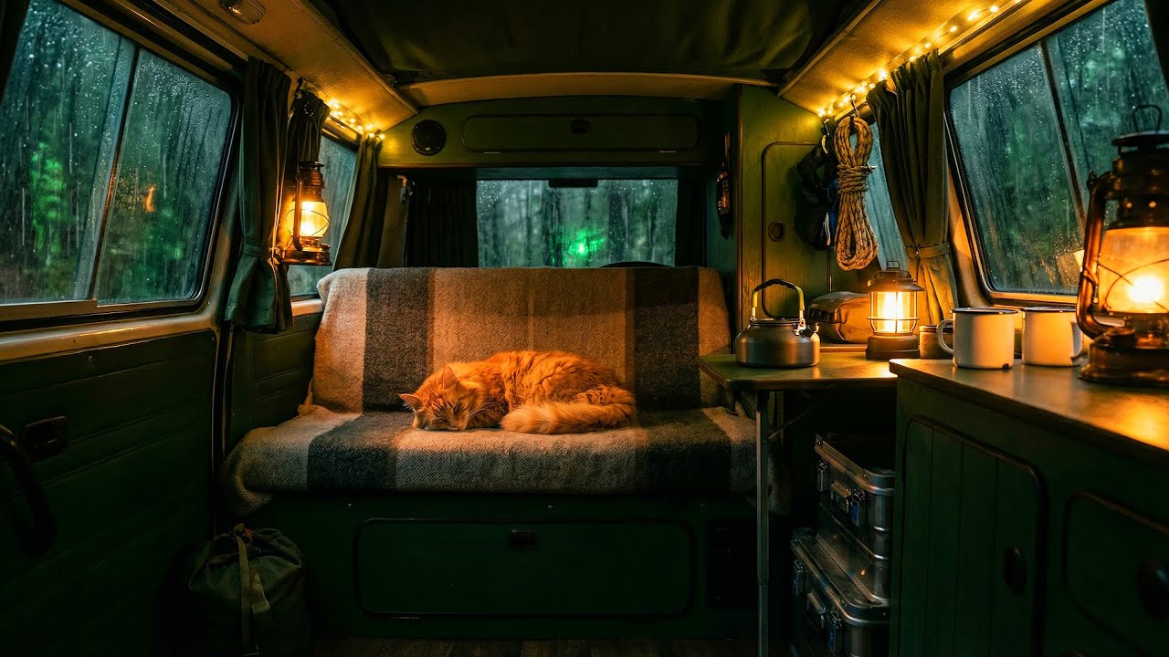 Warm Camper Van Rain Ambience with Light (BGM) ⛈️ for Peaceful Sleep and Relaxation 4K
