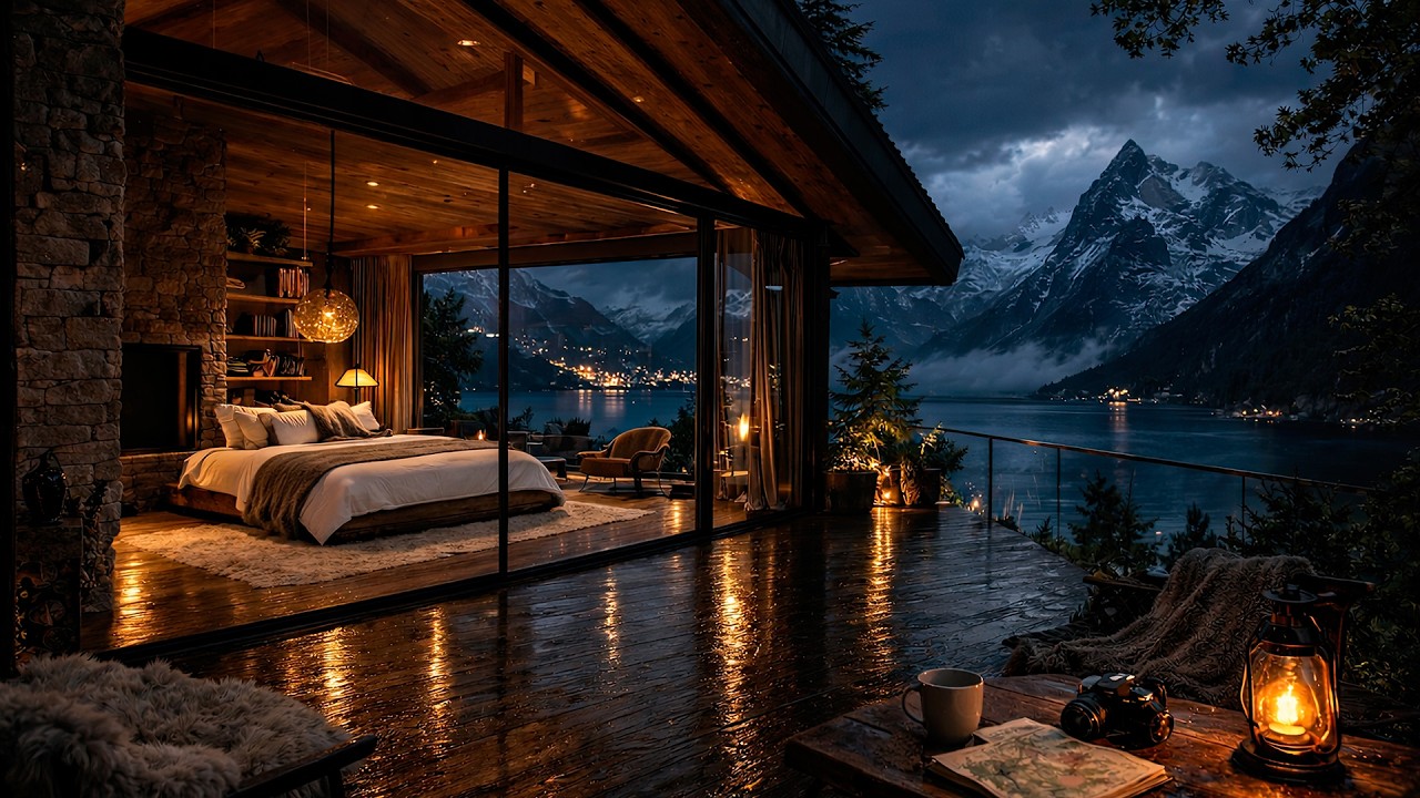 🌧️ Mountain Rain Through Large Glass Windows | Alpine Night Ambience