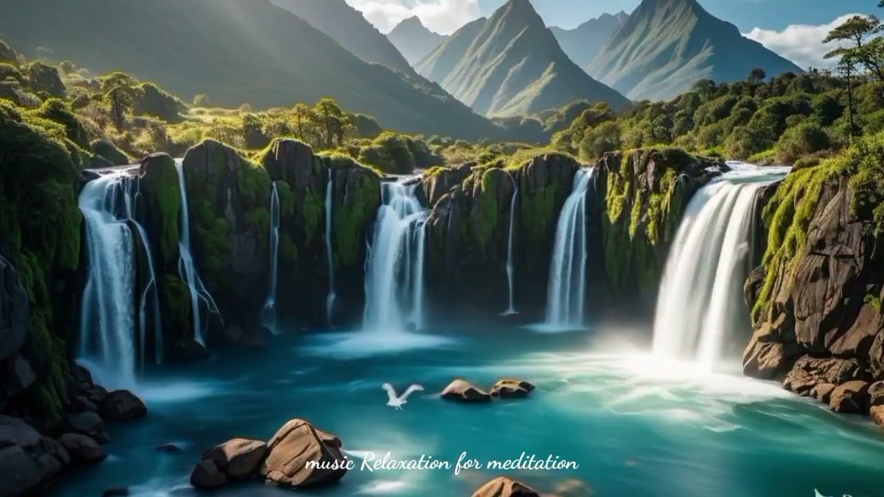 Relaxing Waterfall Sounds with Calming Music and Birds Singing for Meditation