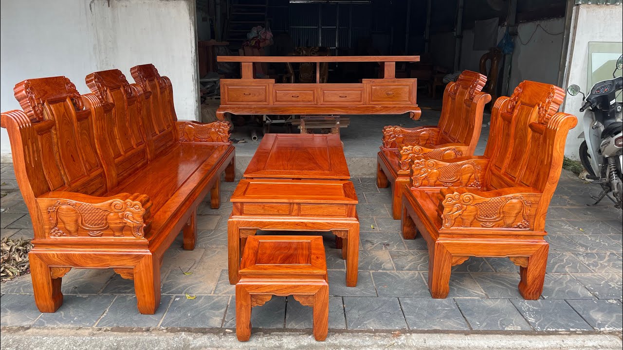 Bộ Âu Á Chương Voi Tay Đặc Vách Trơn và Kệ Tivi Sofa Mặt Phẳng 2m40 Gỗ Hương Đá 35Tr