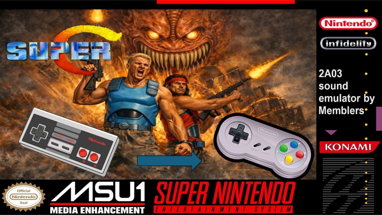 Super C de NES porteado a SNES. Experiencia mejorada y versatilidad de opciones.