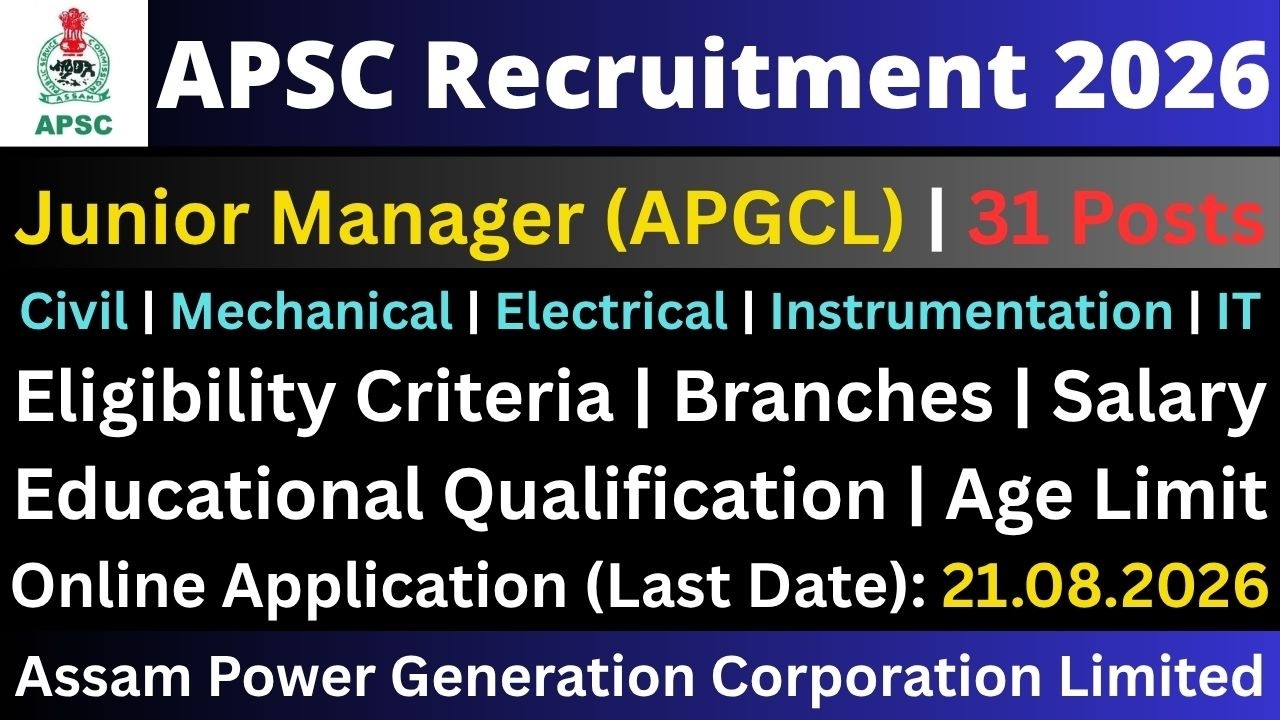 APSC Recruitment 2026: Junior Manager (APGCL) | 31 Posts