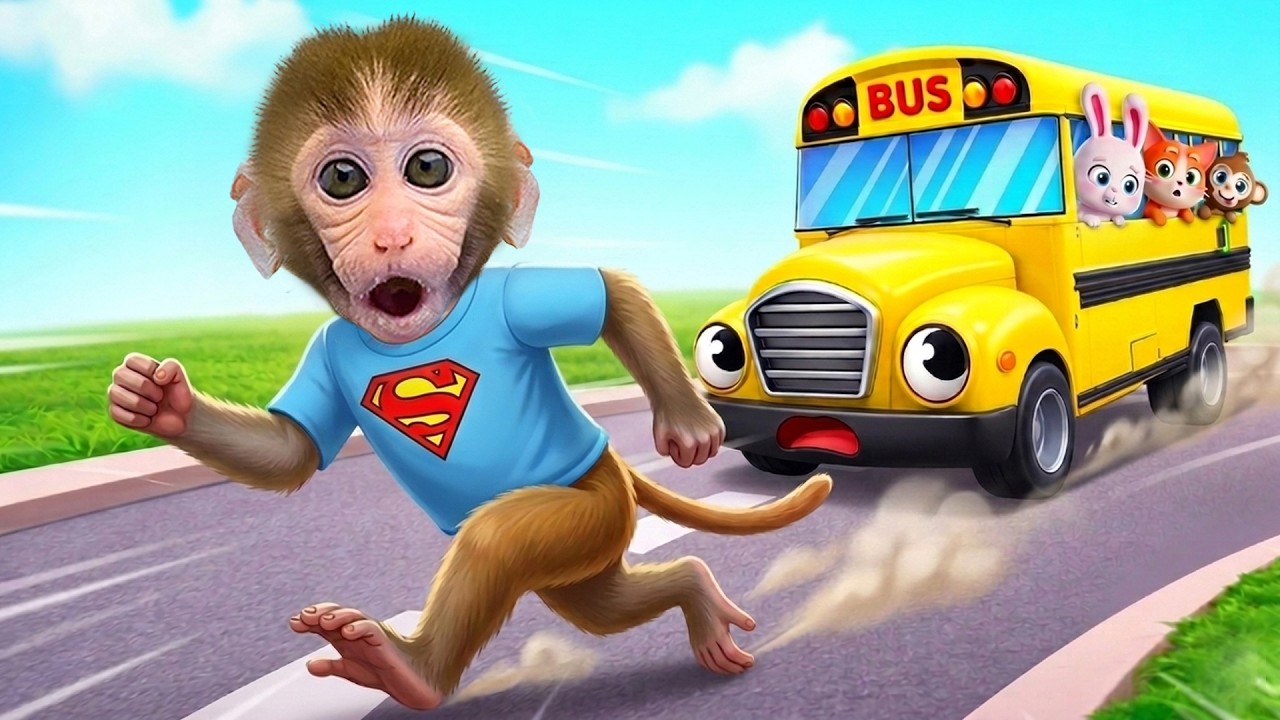 Monkey Bon Bon Chase the Bus with Duckling to find the Wheels