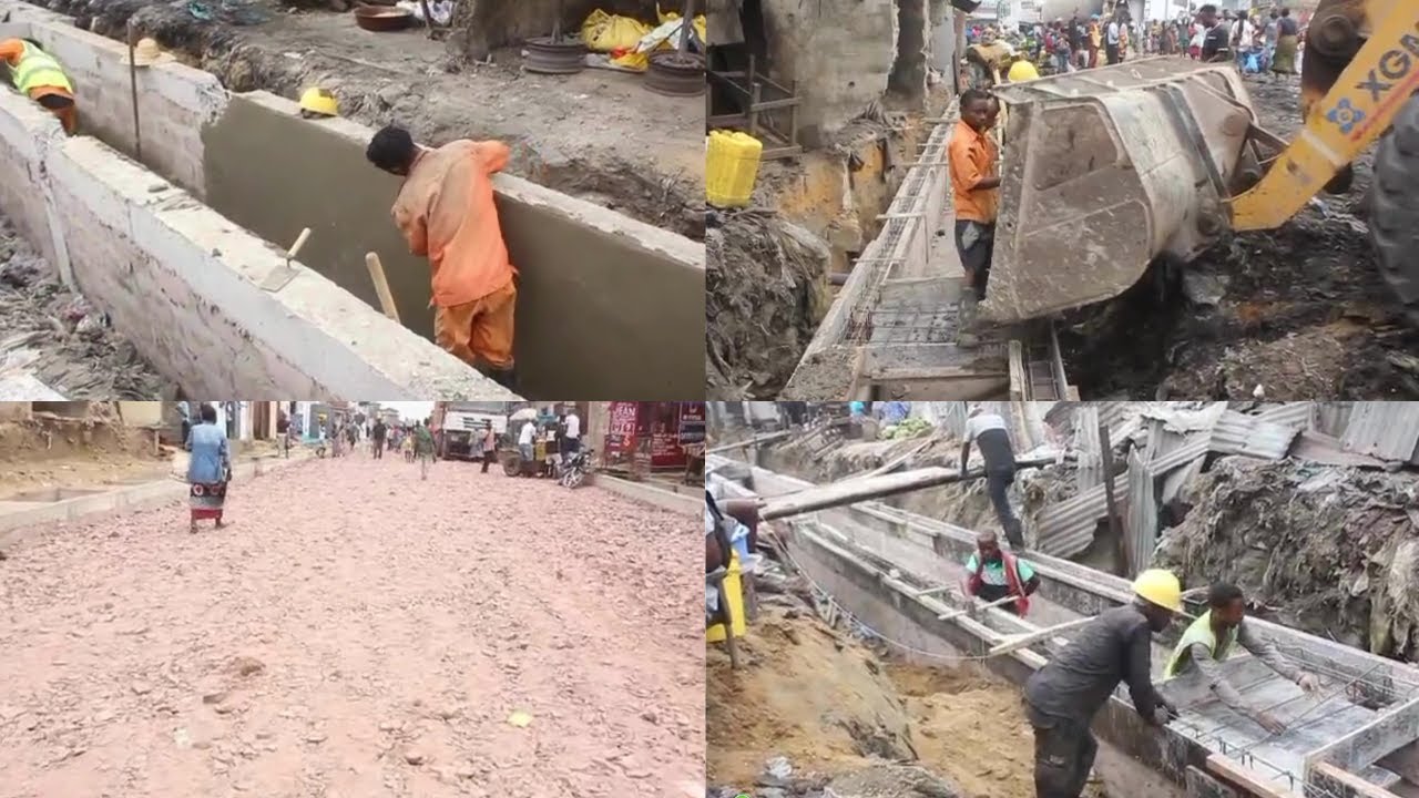 TRAVAUX ROUTIERS À KALAMU CANIVEAUX EN BÉTON & COMPACTAGE SUR LA ROUTE KIMWENZA