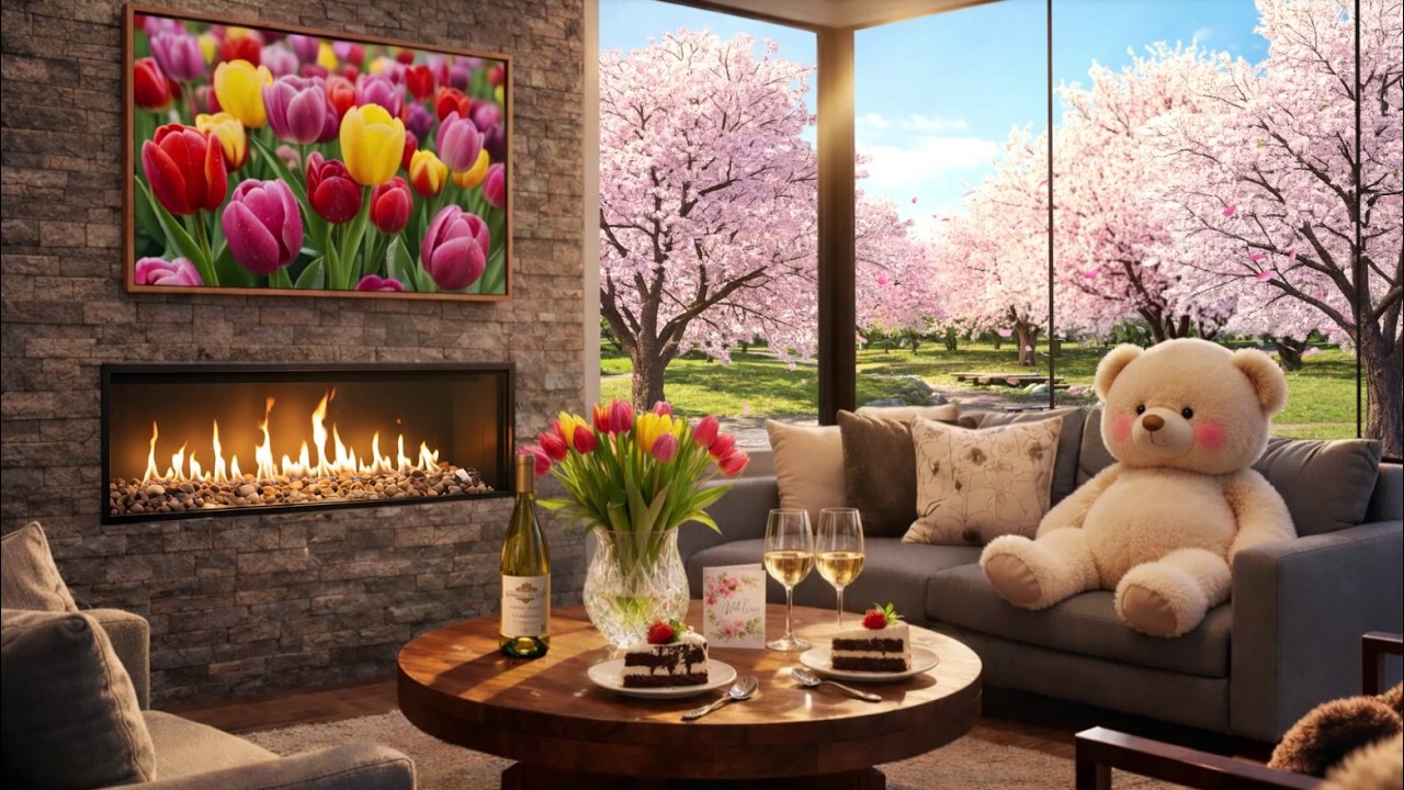 Spring Jazz by the Fireplace 🌸 Sun, Cherry Blossoms and the Perfect Moment | Study, Work & Relax