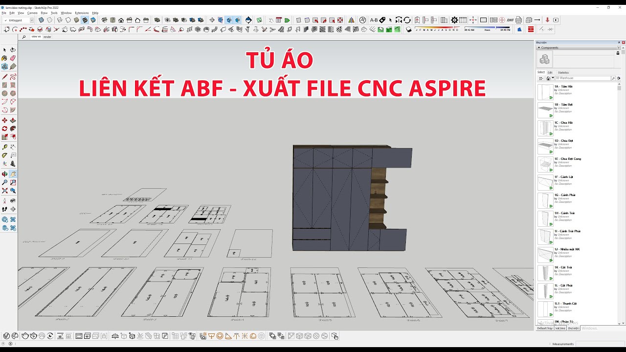 Gắn li&ecirc;n kết bằng ABF v&agrave; xuất file CNC bằng Aspire tủ quần &aacute;o vẽ bằng DC_Decor Interior ABF