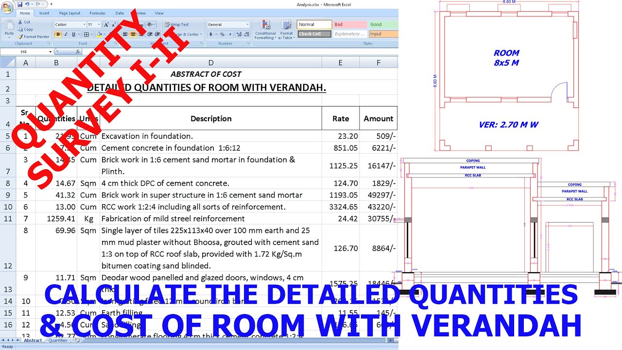 Calculate the detailed Quantities and cost of room with verandah