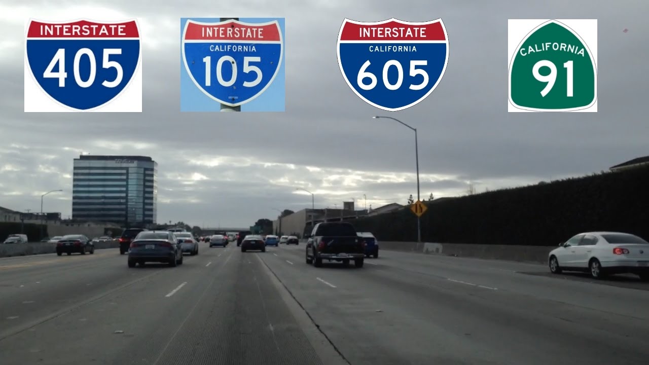 Driving on Los Angeles Freeway: 405 South to 105 East to 605 South to 91 East on a cloudy day