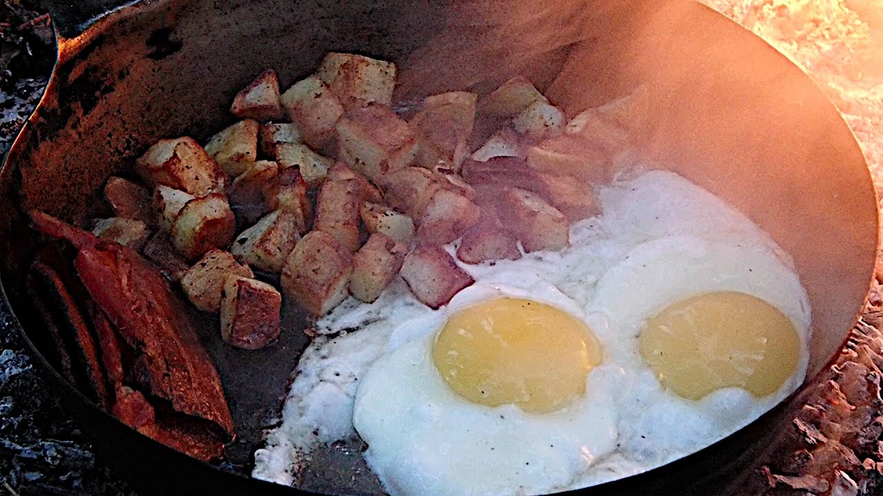 Bacon, Egg, and Hashbrown Skillet Cooked on a Campfire