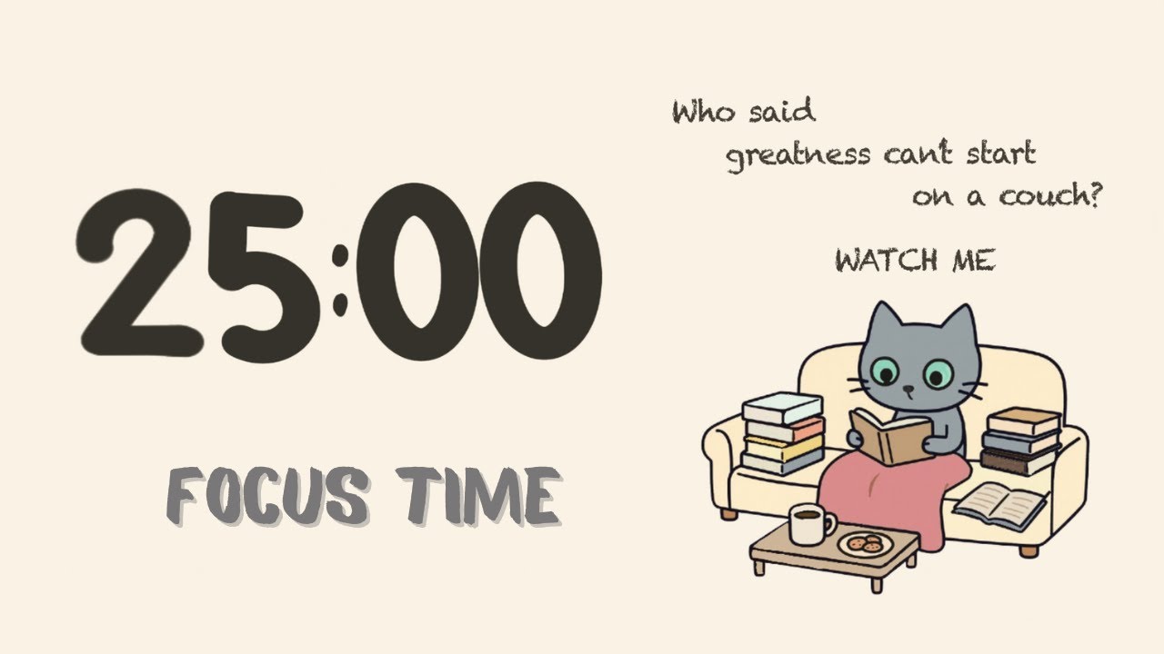 25/5 Pomodoro Timer ×4 | Study With Me | No Music | Soft Ticking | Cute Cat Animation