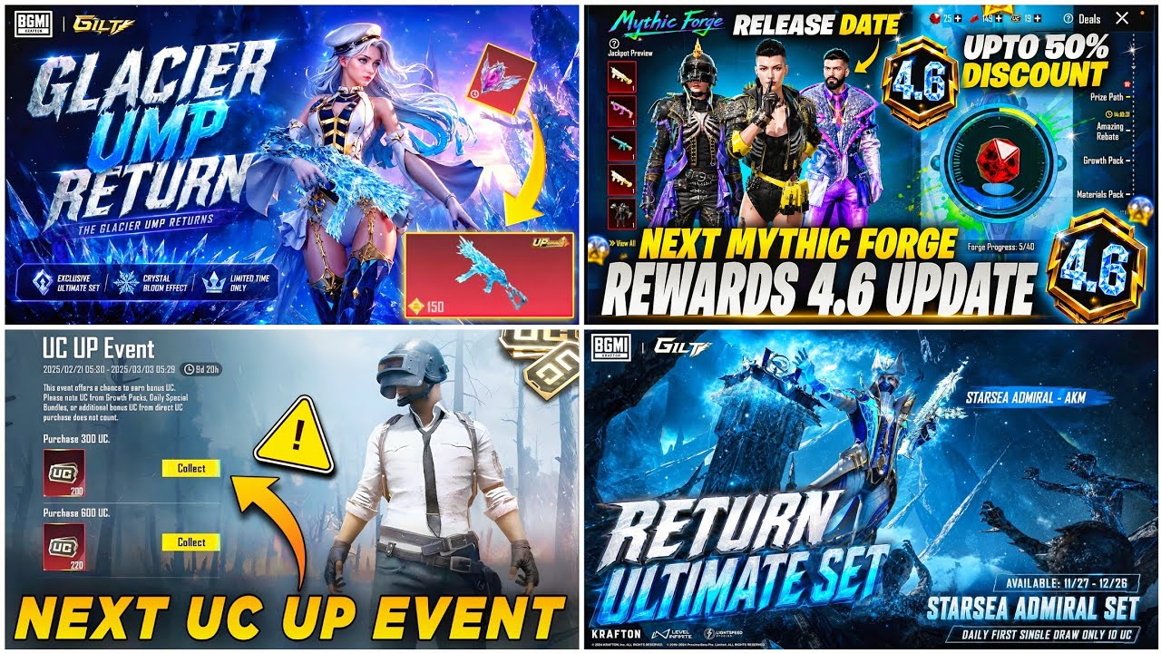 🔴 GLAICER UMP RETURN 4.7 🥶 NEXT MYTHIC FORGE REWARDS 4.6 ✅ RETURN ULTIMATE SET 🔥 NEXT UC UP EVENT 😍