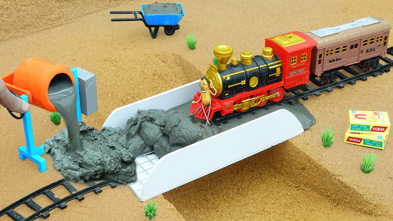 Train accident with diy tractor | Science project to build reinforced concrete overpass
