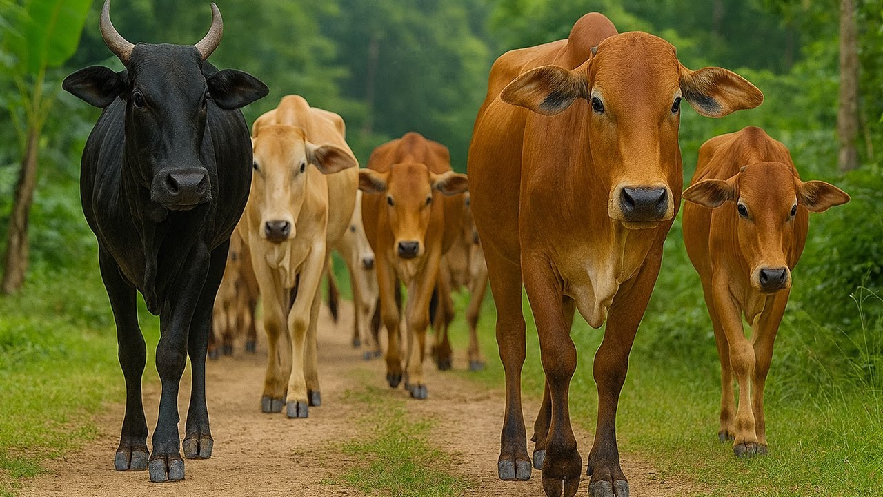Funny Cow and Ox Sounds Gathering in Grass Field – Free-Range Cattle Fattening Example