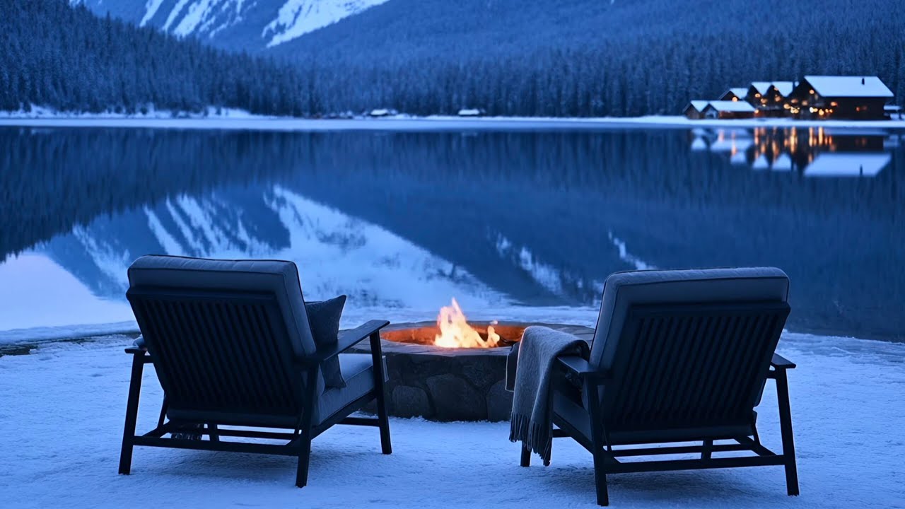 Winter Lake Campfire ❄️ Crackling Fire & Cold Wind Sounds for Deep Sleep and Relaxation