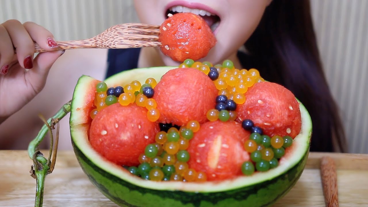 ASMR Watermelon ball and popping bobba (popping crunchy eating sounds) | LINH-ASMR