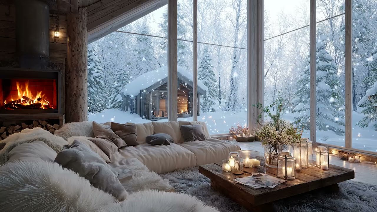 White Lounge Snow Piano | Warm Fireplace Winter Ambience for 3 Hours | Calm Mind Study Meditation