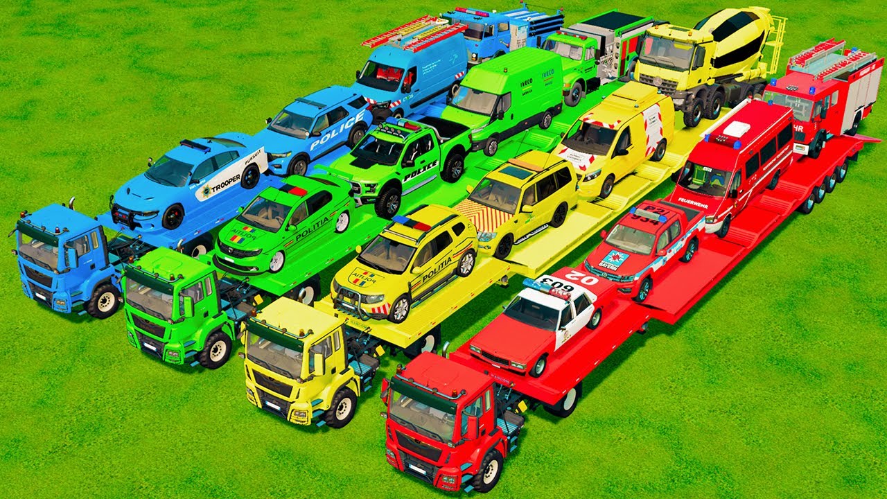 TRANSPORTING ALL POLICE CARS, AMBULANCE, FIRE TRUCK, COLORFUL CARS WITH TRUCK! -FARMING SIMULATOR 22