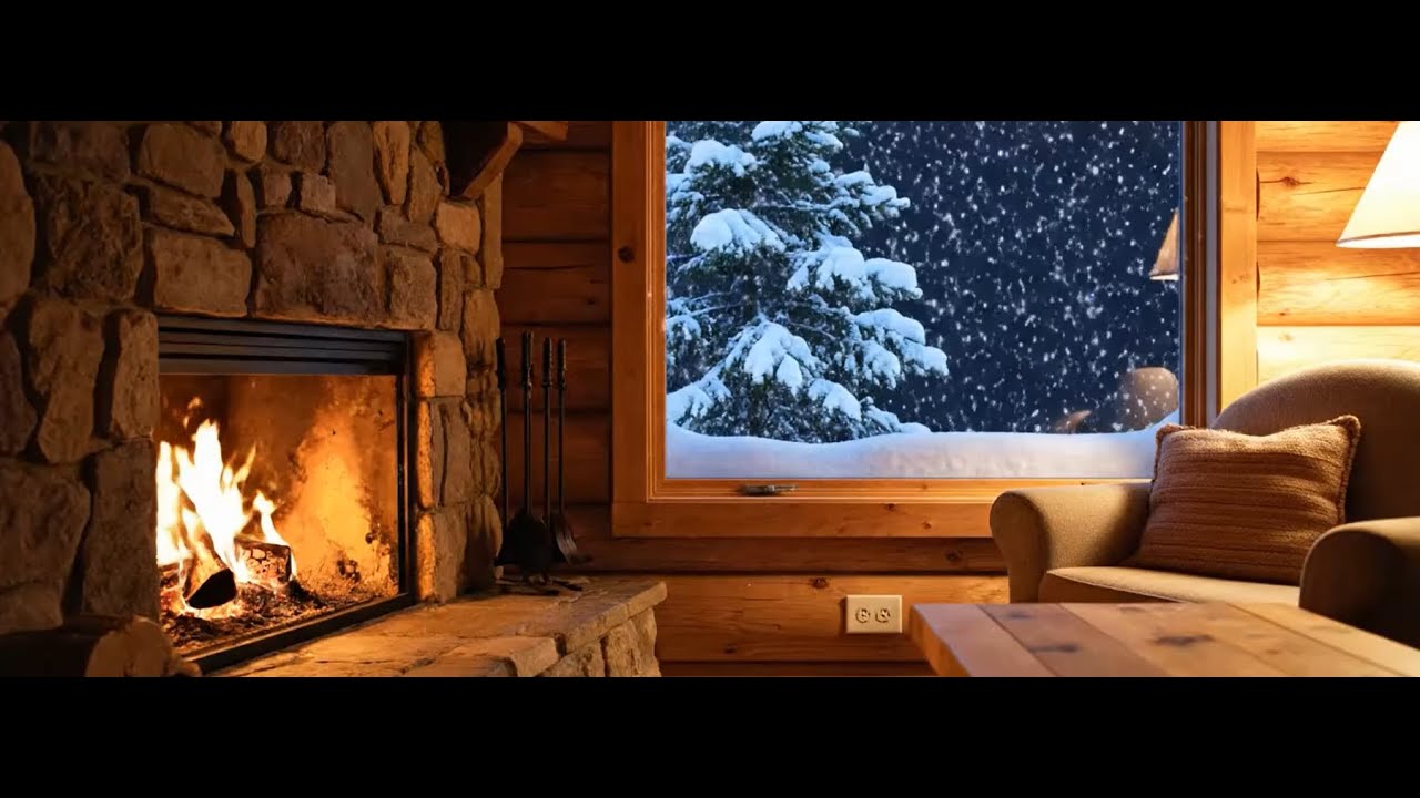 Cozy Fireplace at Night 🔥 Snow Falling Outside ❄️ | 3 Hours Relaxing Ambient Sounds